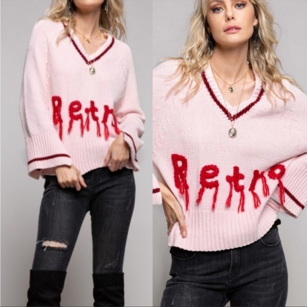 POL pink sweater with red trim and Retro word long sleeve M